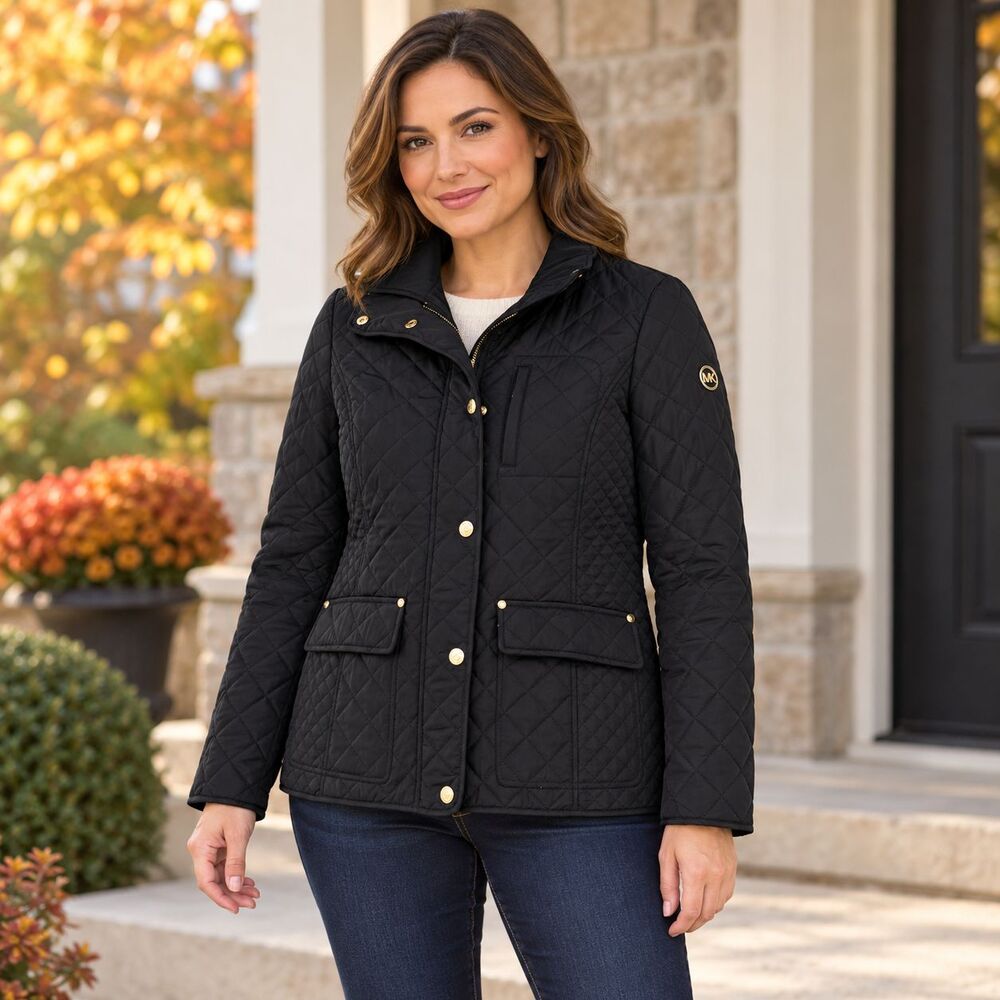 Michael Kors Quilted Jacket Women Medium Black Gold Hardware Logo Full Zip Snap